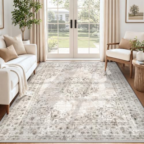 Area Rug 5x7 Vintage Rug: Washable Indoor Medallion Rugs Low Pile Distressed Floor Carpet Retro Accent Rug for Living Room Bedroom Kitchen Dining Table Home Office(Distressed Taupe, 5'x7') by ZomfyRugs