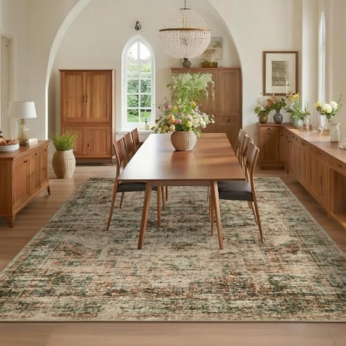 GarveeHome 9x12 Washable Rugs for Living Room Vintage Area Rug Rust/Green - Image 2