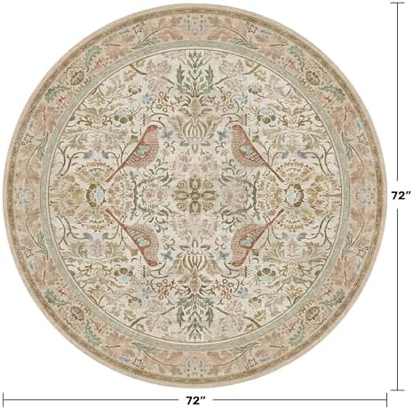 Hazo Haus Beige 6ft Round Rug for Living Room - Floral Circle Area Rug for Bedroom Kids Room, Home Office, Washable Low Pile Non Slip, Vintage Beige Taupe Botanical & Bird Pattern, Boho Indoor Décor - Image 2