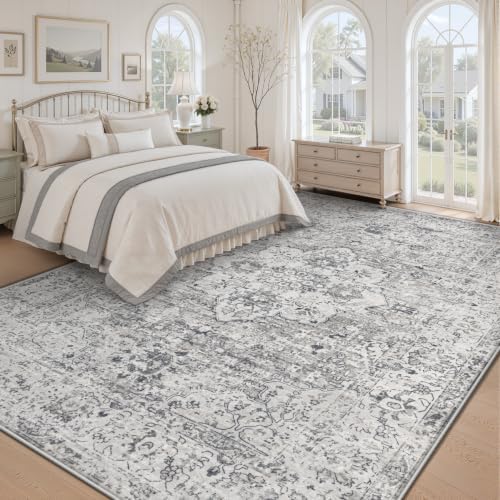 Zomfy 8x10 Area Rugs Washable Rug: Boho Vintage Rug Large Non-Slip Soft Rugs for Living Room Low Pile Retro Medallion Indoor Carpet for Bedroom Nursery Dining Room Dorm Farmhouse Office(Grey, 8'x10') - Image 3
