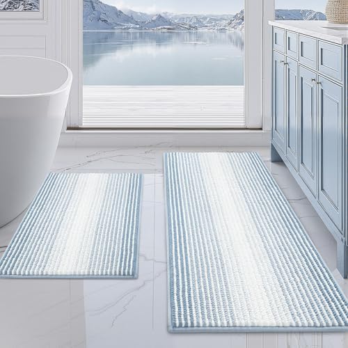 BSICPRO Bathroom Rugs Sets 2 Piece, Non Slip Striped Bath Mats, Ice Blue by BSICPRO