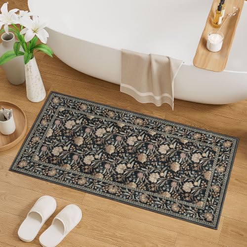 DUKINO 2x4 Rug, Washable Vintage Floral Entryway Rug Non Slip, Black - Image 3
