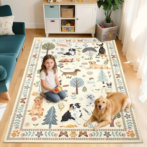 ST. BRIDGE 5x7 Living Room Rug, Washable Large Area Rug with Non Slip Backing, Soft Stain Resistant Dog Rugs, Low Pile Animal Indoor Carpet for Kids Room Bedroom Dining Room Home Office, Beige - Image 3