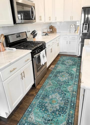 Moynesa Ultra-Thin Washable Runner Rug - 2'6" x 10' Teal Runners for Hallways Stair Carpet Runner, Oriental Non Skid Non Shedding Low Pile Kitchen Mat for Bedroom Mudroom Hardwood Floor by Moynesa