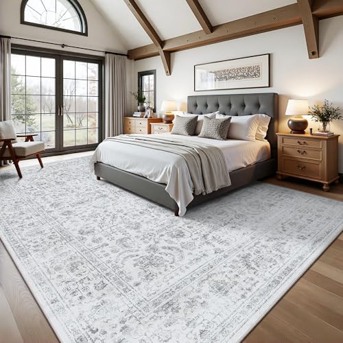 8x10 Area Rugs for Living Room, Washable Vintage Retro Floral Rug, Low Pile Non Slip Distressed Large Carpet for Bedroom, Dining Room, Office, Home (Grey) - Image 3