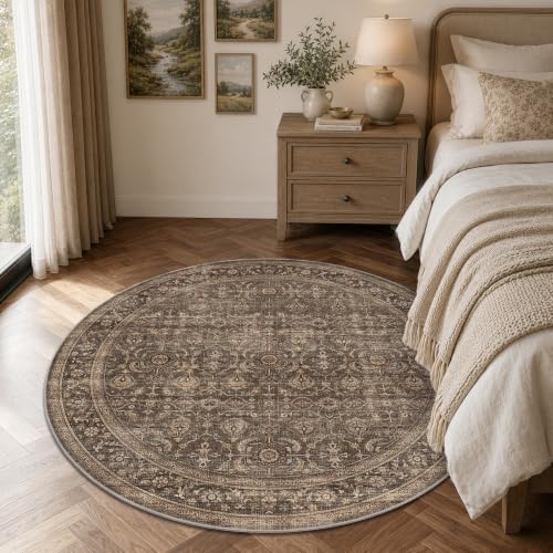 JOOJA 5x5 Dark Brown Vintage Low Pile Washable Boho Round Living Room Rug - Image 3