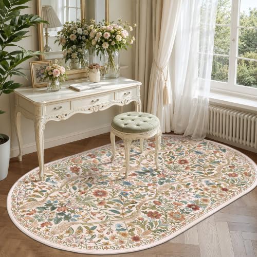 3x5 Oval Rug Washable Floral Print Rug Non-Slip Indoor Carpet - Image 2