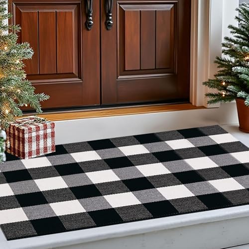 Cotton Buffalo Plaid Rug, 28x43 Black and White Checkered Outdoor Rug Front Door Decorative Mat, Washable Layered Area Rug for Front Porch, Entryway, Indoor, Patio - Image 3