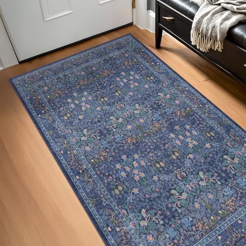 Vintage Dark Blue 3x4 Entryway Rug, Washable Small Area Rugs for Kitchen, Bedroom, Oriental Low Pile Stain Resistant Non-Slip Large Rug by HazoHaus