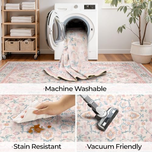 CAPALOCA Square 8ft Washable Nursery Girls Low Pile Area Rug Pink Teal - Image 6
