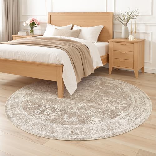 Madane Washable Round Rug 6ft for Living Room, Soft Neutral Rug Brown/Sand - Image 4