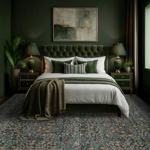 Vintage Washable Dark Green 10x14 Rug for Living Room - Extra Large Area Rug for Dining Room Under Table, Soft Low Pile Carpet for Bedroom - Vintage Floral Design Non-Slip (10x14 Dark Green) - Image 3