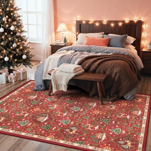 Madane Washable Christmas Area Rugs 4x6, Red Non-Slip Low-Pile Accent Rug - Image 2
