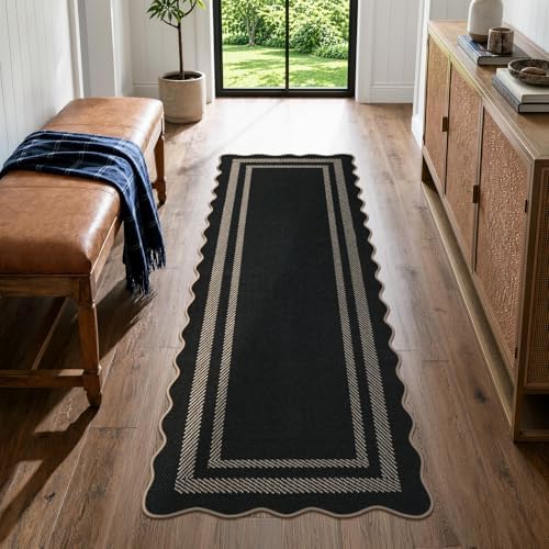 LIVEBOX Scalloped Easy Jute Kitchen Runner Rug, 2x6 Hallway Runner Black Rugs for Entryway, Indoor Outdoor Washable Non Slip Rug Farmhouse Modern Carpet Door Mat for Porch Bedroom Laundry 6ft Entry by LIVEBOX