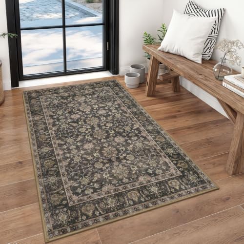 KUTA 3x5 Rugs for Entryway Vintage Floral Brown Area Rug Washable by KUTA