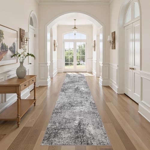 DMOYEST Washable Runner Rug for Hallway: 2.6x12 Neutral Modern Abstract Low Pile Area Rug with Non-Slip Backing - Carpet for Bedroom Kitchen Laundry Entryway Bathroom Indoor - Grey by DMOYEST