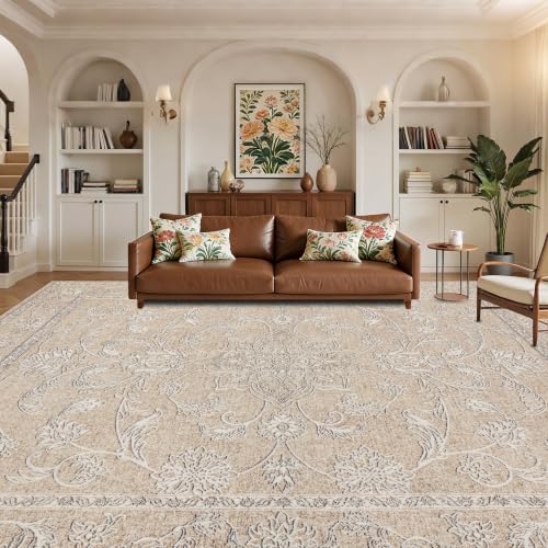 RCTJHOME 9x12 Beige Grey Vintage Floral Washable Area Rug Non-Slip Carpet by RCTJHOME