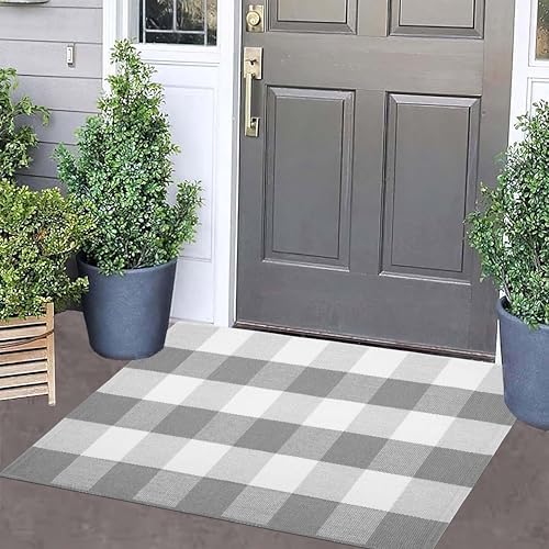 Front Door Mat Outdoor 24"x35"Grey and White Buffalo Plaid Outdoor Rug - Image 5