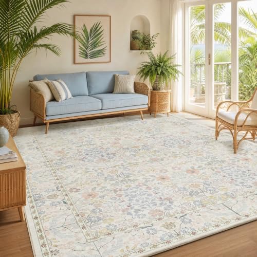 SparkleGaze White Beige Ivory Floral Living Room Rug 5x7 Area Rug - Vintage Washable Rug for Dining Room, Bedroom, Ultra Soft Low Pile Non Slip Stain Resistance Distressed Boho Farmhouse Flower Carpet - Image 3