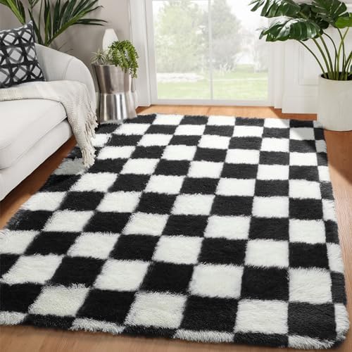 KICMOR Area Rugs for Bedroom Living Room, 4x6 Black and White Fluffy Soft Checkered Rug Fuzzy Shag Shaggy Carpet, Indoor Plush Floor Rugs for Kids Boys Girls Teen Dorm Nursery Home Decor Aesthetic by KICMOR