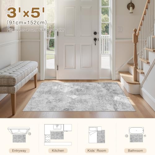 Tortania Area Rug Living Room Rugs - 3x5 Washable Soft Neutral Boho Moroccan Farmhouse Mat Indoor Floor Carpet for Bedroom Under Dining Table Home Office Decor - Ivory Grey - Image 2