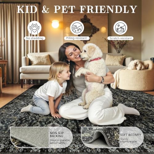 8x10 Area Rugs for Living Room - Washable Vintage Retro Large Rug, Soft Ultra Thin Non Slip Low Pile Traditional Distressed Boho Carpet for Bedroom Dining Room Home Office, Black Gold - Image 5