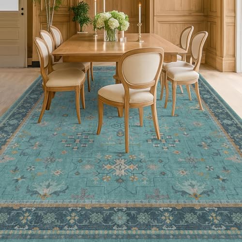 Boho 9x12 Large Teal Green Washable Living Room Rug - Vibrant Turquoise Rug for Bedroom Under Bed, Dining Room Under Table, Geometric Floral Low Pile & Soft Stain Resistant Carpet - Image 6