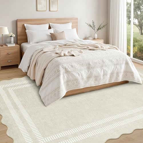 Washable 6x9 Area Rugs for Living Room, Solid Ivory Ultra-Thin Bedroom Rug Non-Slip Dining Room Rugs, Soft Scalloped Carpet for Nursery Kids Room Office - Image 7