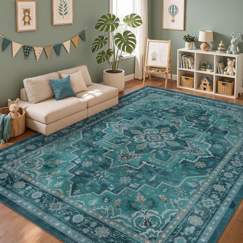 Washable Area Rug 8'x10' Living Room, Vintage Medallion, Boho Teal - Image 3