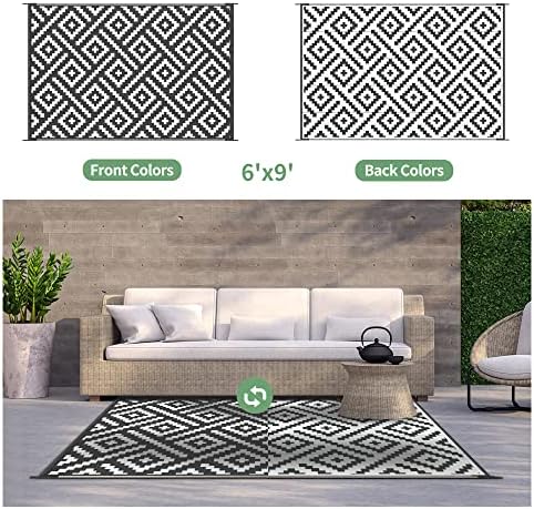GENIMO Outdoor Rug, Waterproof Plastic Rugs for Patio, 6'x9' Black White - Image 4