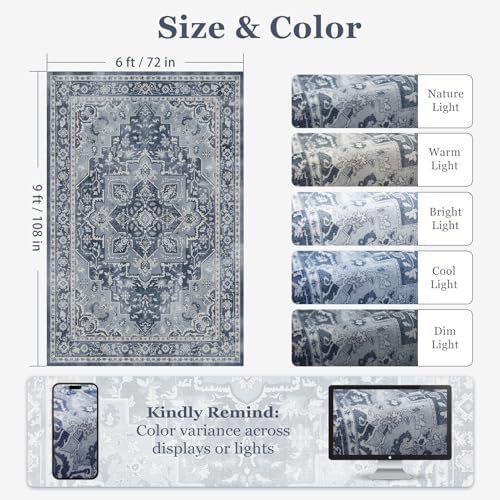 Blue Gray Living Room Rug 6x9, Washable Non Slip Transitional Medallion Rug for Dining Room Under Table, Modern Vintage Distressed Low Pile Thin Carpet Rugs for Den Bedrom Home Office - Image 2