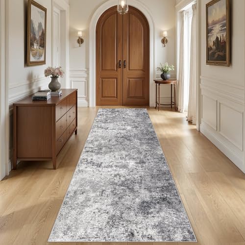 UERMEI 3x10 Washable Runner Rug for Hallway, Non Slip Low Pile Kitchen Carpet, Neutral Modern Abstract Indoor Floor Mat for Entryway Laundry, Kid & Pet Safe High Traffic Area, Grey by UERMEI