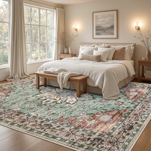 10x14 Area Rugs Living Room: Washable Rug for Bedroom Brown Green - Image 3