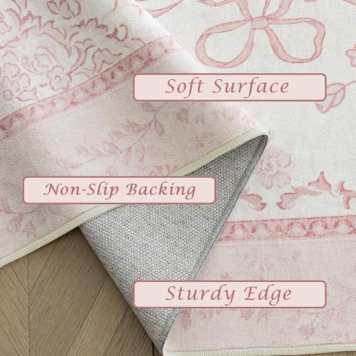 Pink Vintage Floral Area Rug 6x9 for Bedroom, Washable Cute Bow Cottage Core French Country Rose Shabby Chic Rug for Living Room Aesthetic Decor, Blush - Image 5