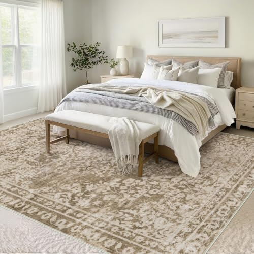 Vintage Living Room Area Rug - 9x12 Large Machine Washable Boho Area Rug Distressed Floral Rugs for Bedroom, Soft Non-Slip Indoor Floor Accent Rugs for Office Dining Room (Floral Brown, 9'x12') - Image 5