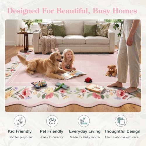 Lahome Round Pink Floral Rug 4ft, Scalloped Reading Nook Rug - Image 4