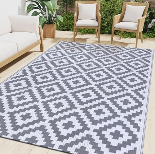 Smiry Outdoor Rug 5x8 ft Waterproof Reversible Boho Mat, White & Grey by Smiry
