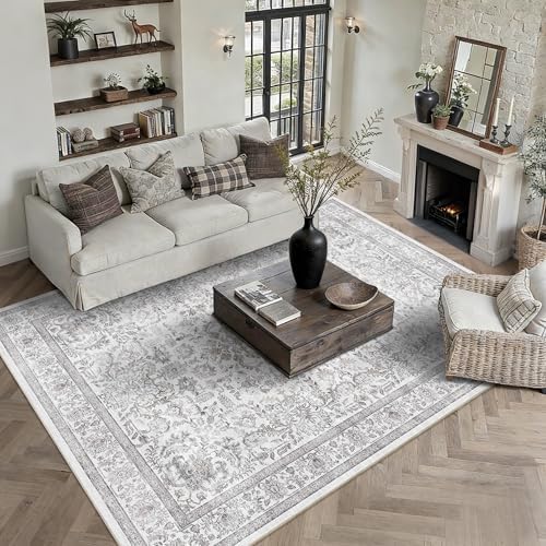 9x12 Washable Living Room Area Rug Non-Slip Vintage Gray Large Carpet by HOME