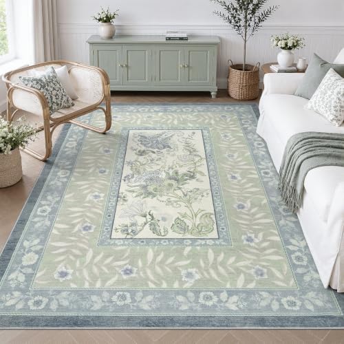 DCX Washable 4x6 Blue and Green Vintage Botanical Area Rug by DCXWashableRug