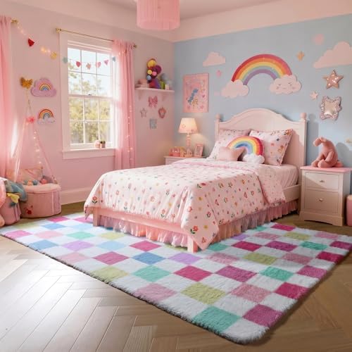 KICMOR Rainbow Checkered 6x9 Area Rugs for Living Room, Large Colorful Fluffy Soft Fuzzy Shag Shaggy Carpet for Bedroom, Cute Indoor Plush Rug for Kids Girls Boys Dorm Nursery Home Decor Aesthetic - Image 3