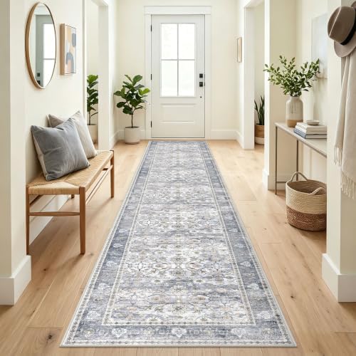 KUTA Vintage Washable Runner Rug 3x14 Hallway Runners Grey Blue by KUTA
