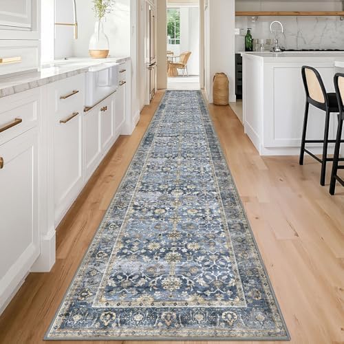 KUTA Vintage Washable Long Runner Rug 2.6x18 Blue Grey Beige Hallway Rug - Image 3