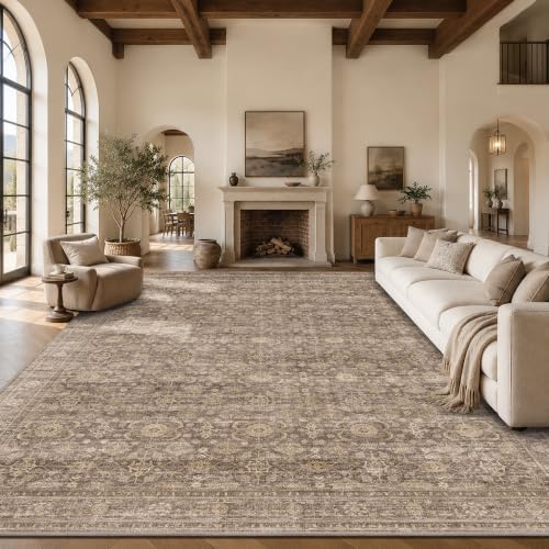 JOOJA 10x14 Neutral Tan Vintage Moody Non Slip Washable Boho Retro Area Rug - Image 2