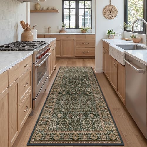 Bavni 2'6" x 6' Kitchen Runner Rug, Washable Non Slip, Dark Green Brown by BAVNI