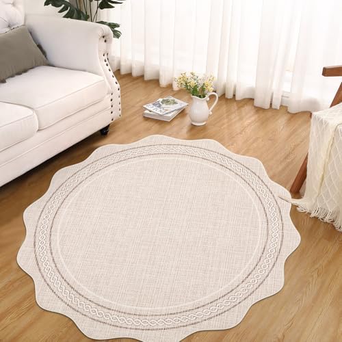GarveeHome Scalloped Round Rugs 6Ft Washable Area Rug for Playroom, Beige - Image 2
