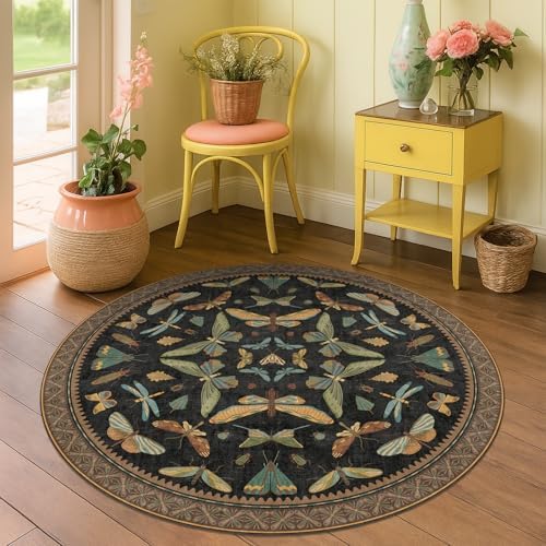 Black Boho 4ft Round Small Rugs for Entryway Non Slip - Washable Insect & Floral Rug for Living Room, Kitchen, Low Pile Soft Stain Resistant Carpet, Vintage Indoor Décor - Image 3