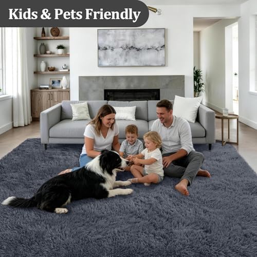 Area Rug Living Room Bedroom: 6x9 Fluffy Plush Shag Carpet Grey - Image 4