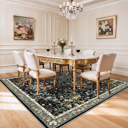 Vintage Floral Dining Room Rug 7x7-7ft Square Low Pile Non Slip Machine Washable Area Rug, Indoor Carpet for Under Table/Bed Living Room Bedroom Office Nursery Entryway Playroom (7ft Square, Black) - Image 5