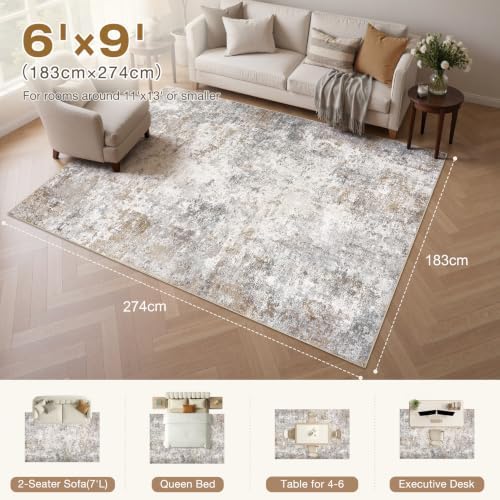 UERMEI 6x9 Area Rug Living Room Rugs - Washable Neutral Modern Abstract Soft Thin Large Rug Indoor Floor No Slip Rug Carpet for Bedroom Under Dining Table Home Office Decor - Brown Grey - Image 2