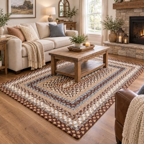 Super Area Rugs 5X8ft Farmhouse Braided Rug - Natural Soft Cotton Carpet for Living Room - Primitive Country Woven Rug - Brown/Slate Gray/Ivory - Image 2